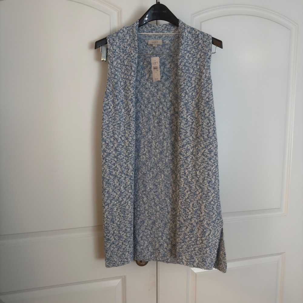 LOFT Outlet Blue White Marled Knit Open Front Longline Sweater Vest NWT Small